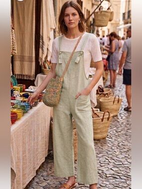 Zara light sage green beige linen-blend cropped jumpsuit
